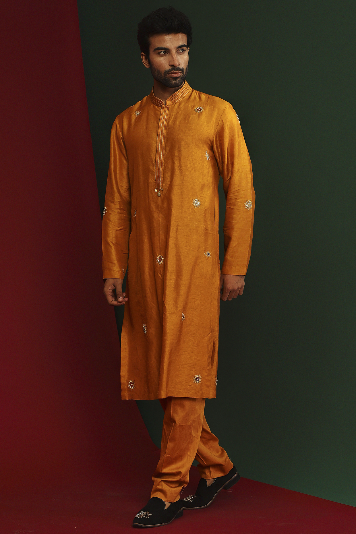 Marigold Raw Silk Embroidered Kurta Set by Mahima Mahajan Men