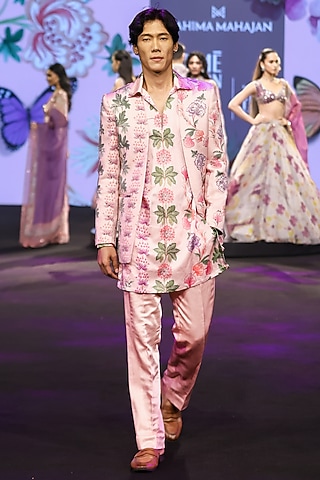 Blush Pink Linen Satin Hand Embroidered Blazer Set by Mahima Mahajan Men