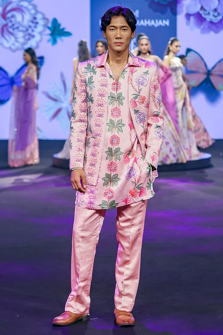 Blush Pink Linen Satin Hand Embroidered Blazer Set by Mahima Mahajan Men at Pernia's Pop Up Shop