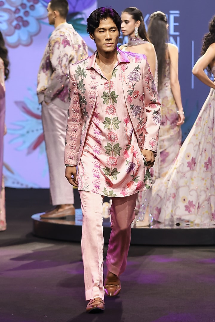 Blush Pink Linen Satin Hand Embroidered Blazer Set by Mahima Mahajan Men at Pernia's Pop Up Shop