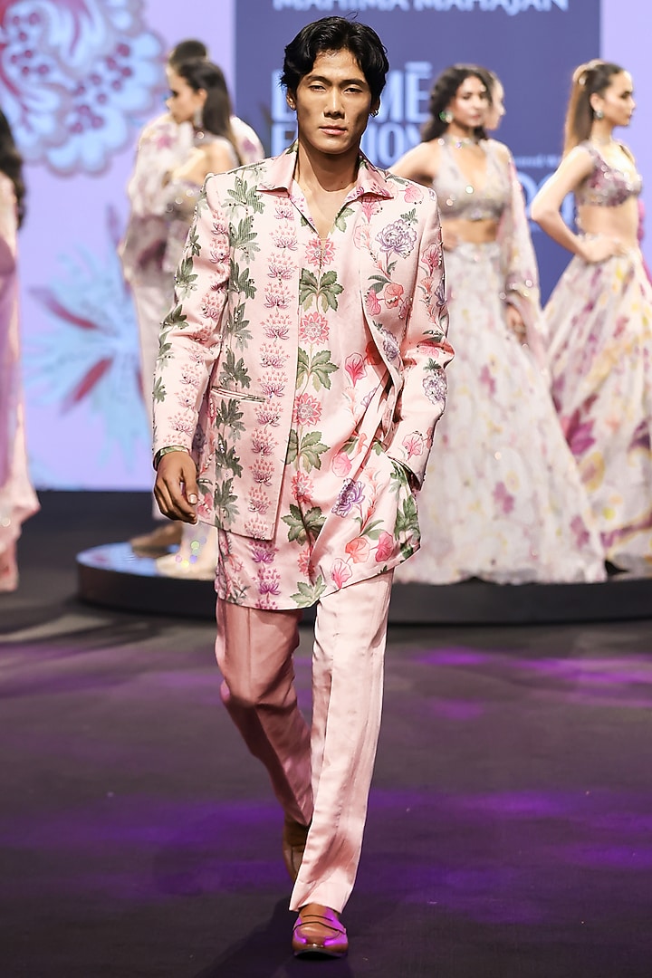 Blush Pink Linen Satin Hand Embroidered Blazer by Mahima Mahajan Men at Pernia's Pop Up Shop
