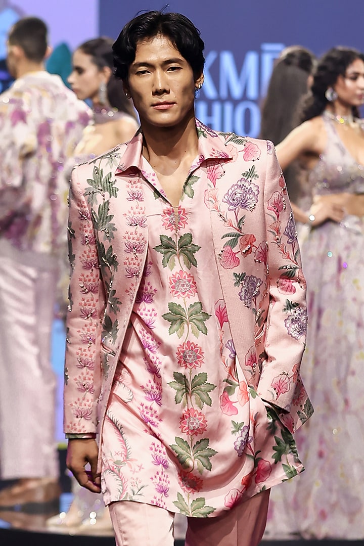 Blush Pink Linen Satin Hand Embroidered Blazer by Mahima Mahajan Men at Pernia's Pop Up Shop