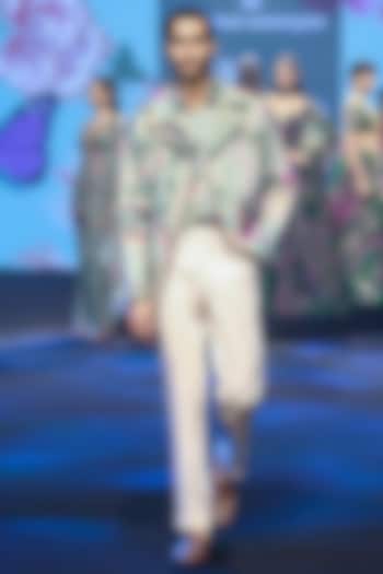 Jade Green Linen Satin Printed Jacket Set by Mahima Mahajan Men at Pernia's Pop Up Shop