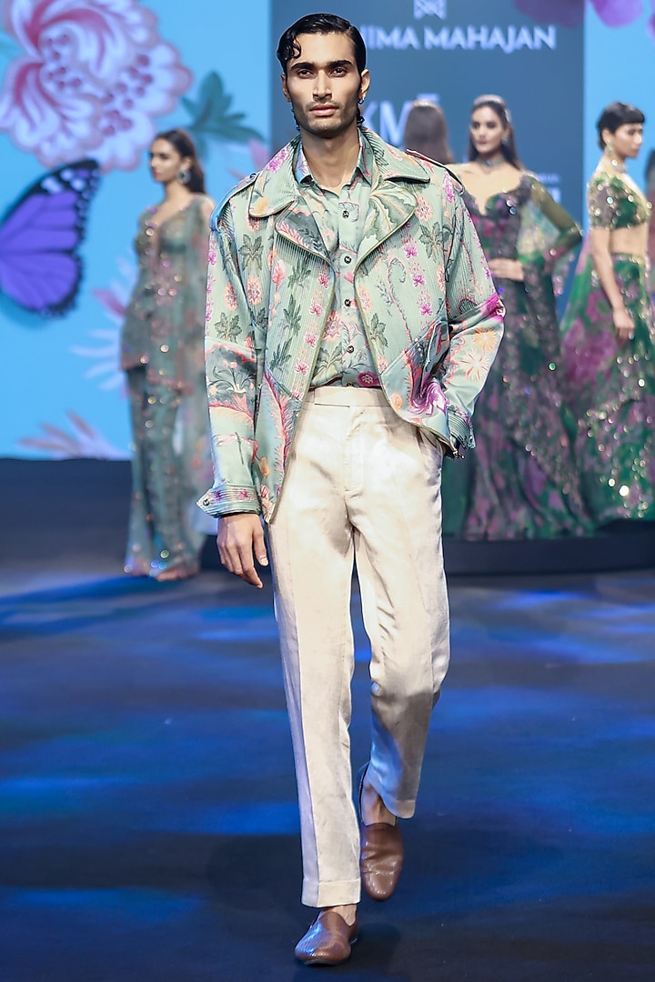 Jade Green Linen Satin Printed Jacket Set by Mahima Mahajan Men at Pernia's Pop Up Shop