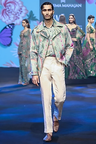 Jade Green Linen Satin Printed Jacket Set by Mahima Mahajan Men