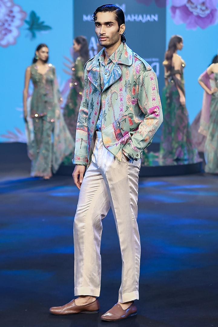 Jade Green Linen Satin Printed Jacket Set by Mahima Mahajan Men at Pernia's Pop Up Shop