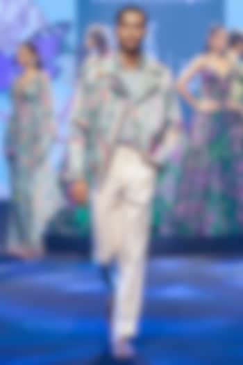 Jade Green Linen Satin Printed Jacket by Mahima Mahajan Men at Pernia's Pop Up Shop