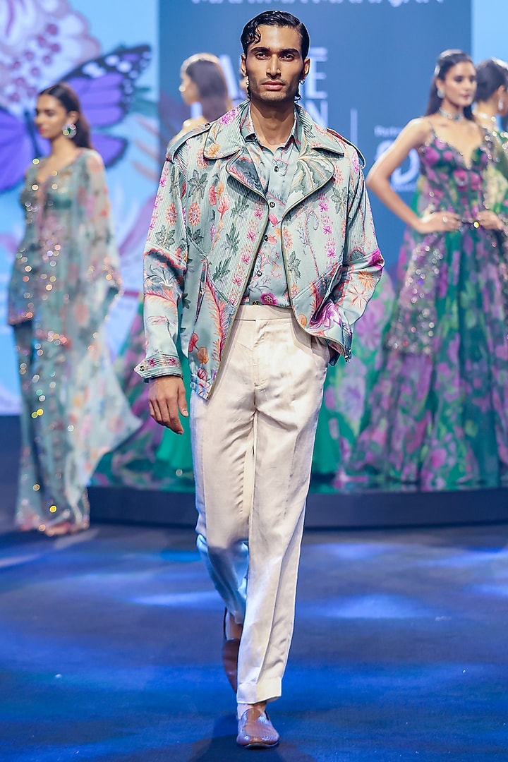 Jade Green Linen Satin Printed Jacket by Mahima Mahajan Men at Pernia's Pop Up Shop