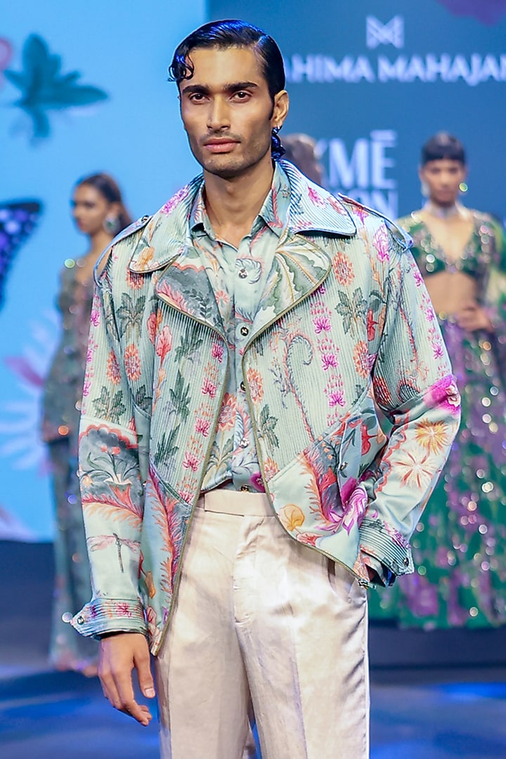 Jade Green Linen Satin Printed Jacket by Mahima Mahajan Men at Pernia's Pop Up Shop