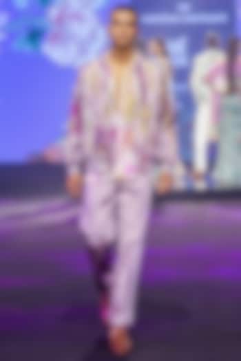 Steel Lilac Satin Organza Printed Quilted Jacket Set by Mahima Mahajan Men at Pernia's Pop Up Shop