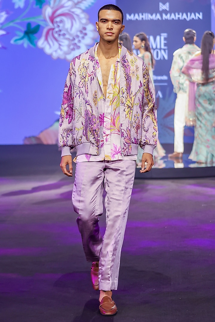 Steel Lilac Satin Organza Printed Quilted Jacket Set by Mahima Mahajan Men at Pernia's Pop Up Shop