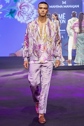 Steel Lilac Satin Organza Printed Quilted Jacket Set by Mahima Mahajan Men