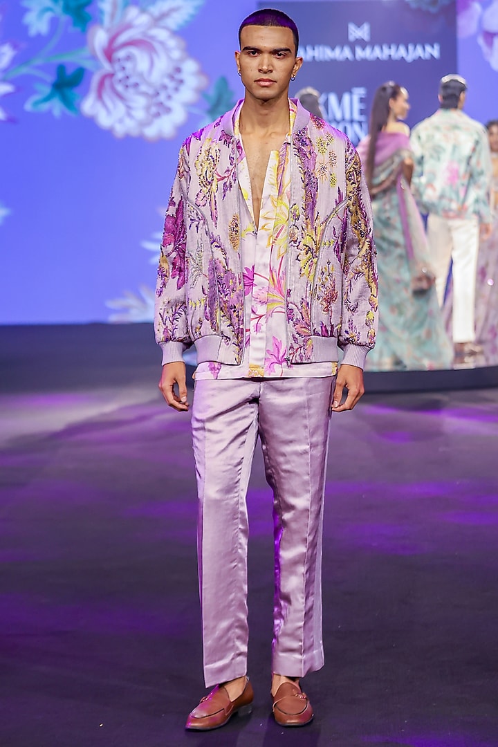 Steel Lilac Satin Organza Printed Quilted Jacket Set by Mahima Mahajan Men at Pernia's Pop Up Shop