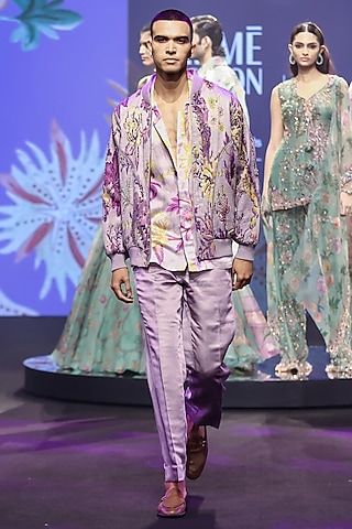 Steel Lilac Satin Organza Printed Quilted Jacket by Mahima Mahajan Men