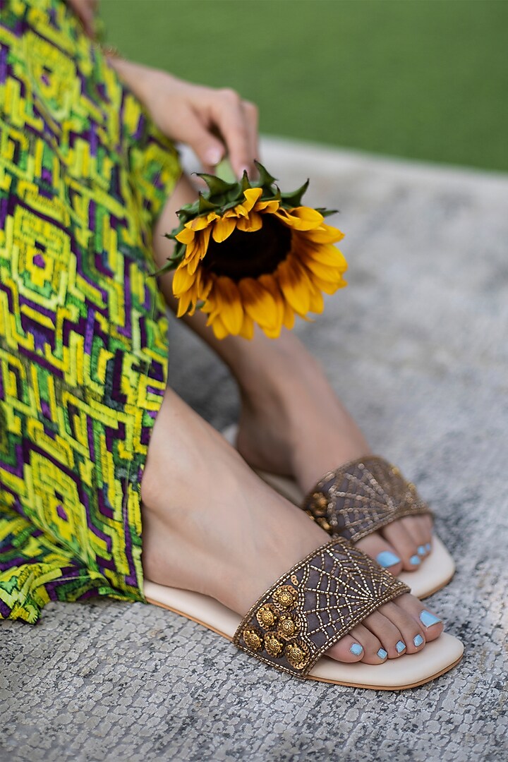 Coffee Hand Embroidered Slides by Mehak Murpana Accessories at Pernia's Pop Up Shop