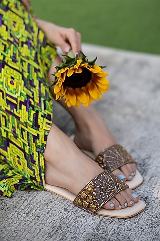 Coffee Hand Embroidered Slides by Mehak Murpana Accessories