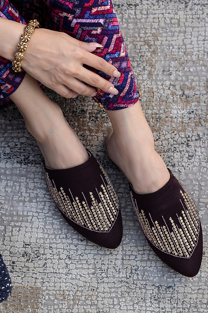 Wine Hand Embroidered Mules by Mehak Murpana Accessories