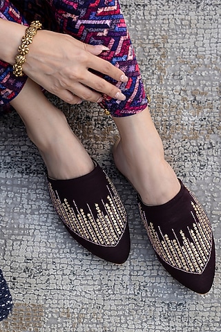 Wine Hand Embroidered Mules by Mehak Murpana Accessories