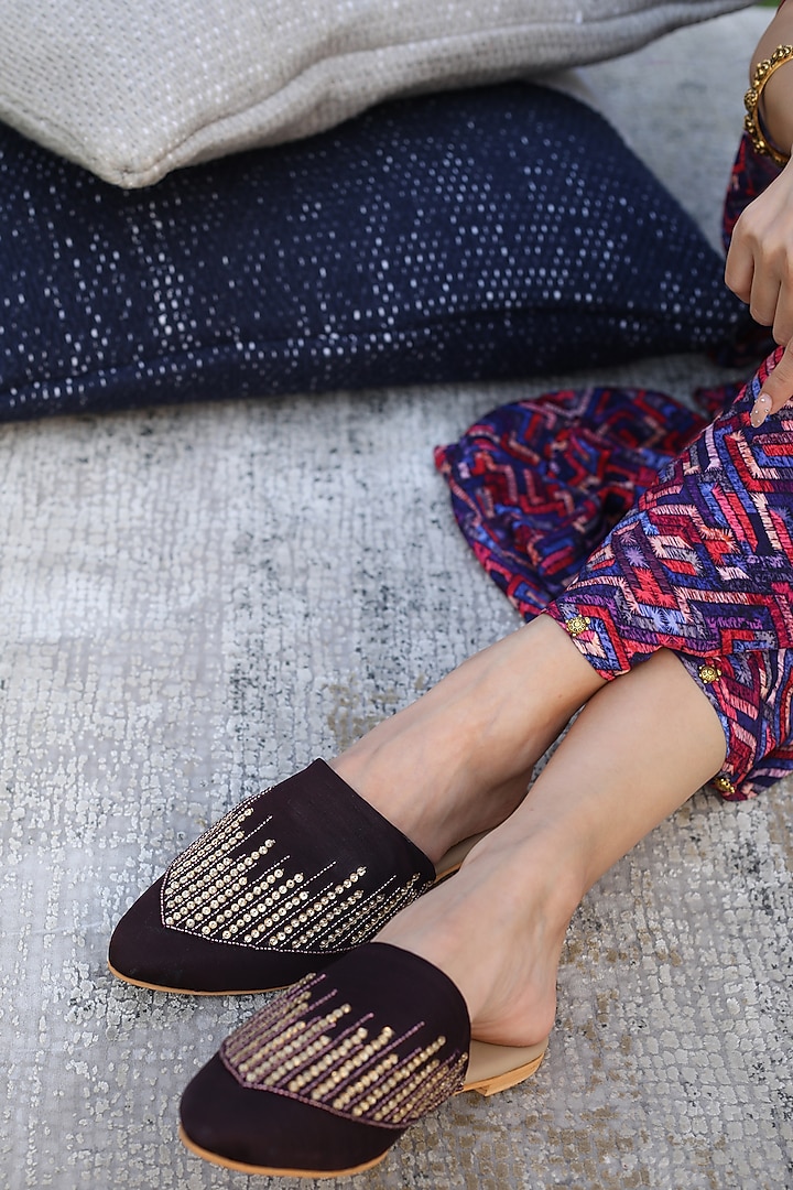 Wine Hand Embroidered Mules by Mehak Murpana Accessories at Pernia's Pop Up Shop