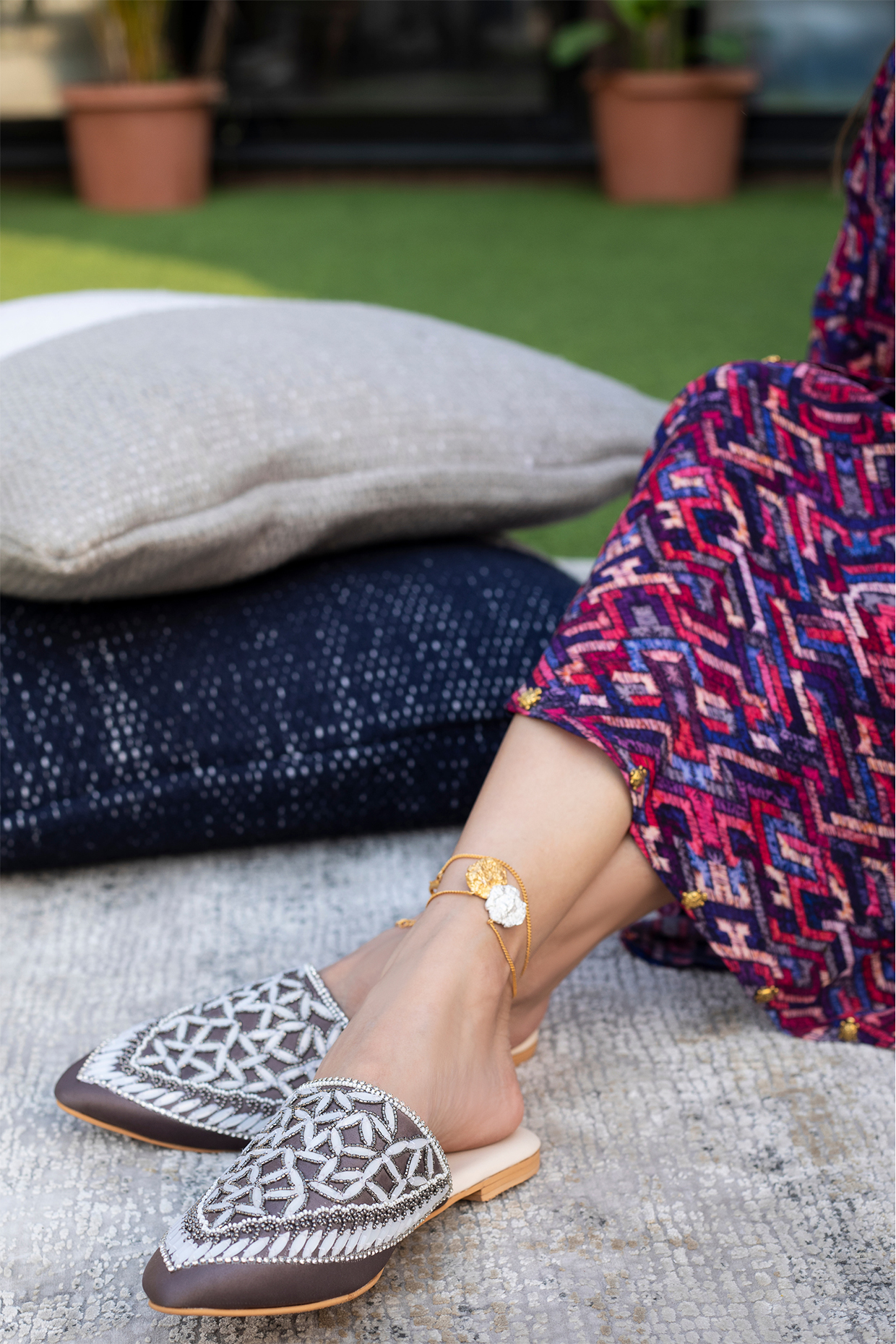 Grey Hand Embroidered Mules Design by Mehak Murpana Accessories at