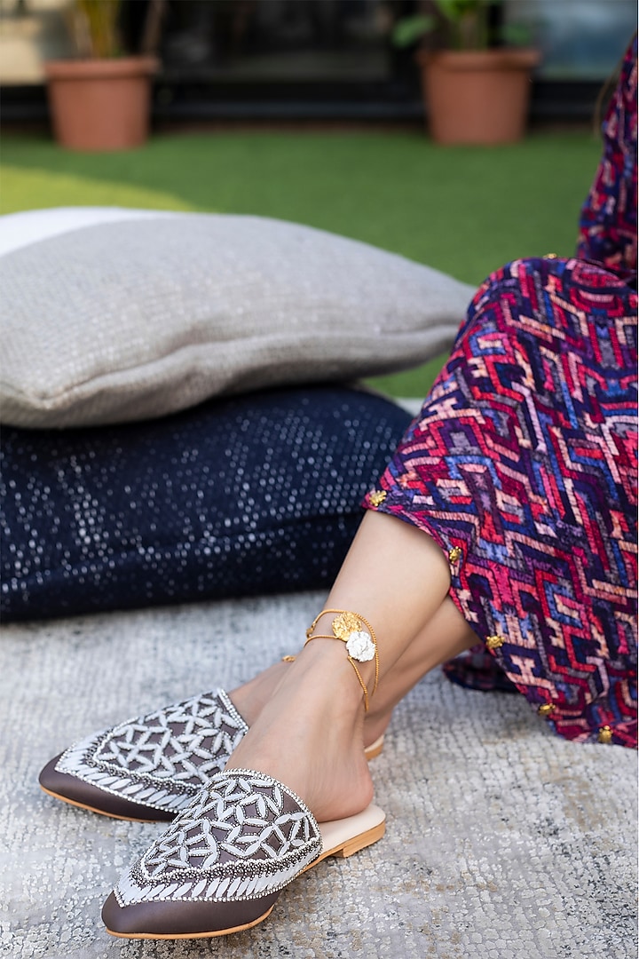 Grey Hand Embroidered Mules by Mehak Murpana Accessories at Pernia's Pop Up Shop