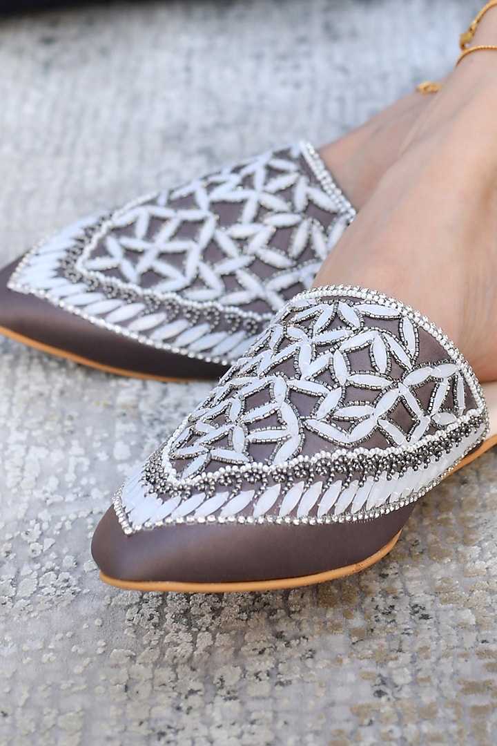 Grey Hand Embroidered Mules by Mehak Murpana Accessories at Pernia's Pop Up Shop