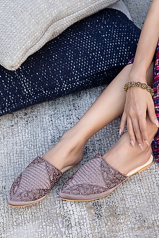Coffee Hand Embroidered Mules by Mehak Murpana Accessories
