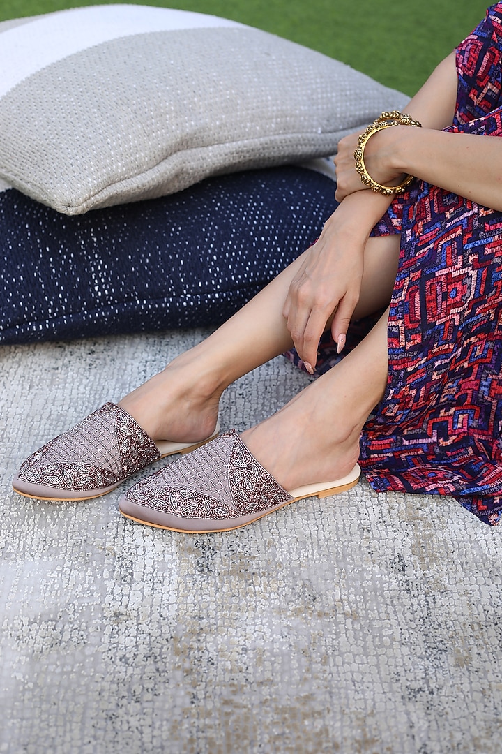 Coffee Hand Embroidered Mules by Mehak Murpana Accessories at Pernia's Pop Up Shop