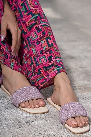 Pink Hand Embroidered Slides by Mehak Murpana Accessories
