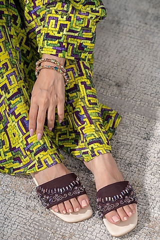 Wine Hand Embroidered Slides by Mehak Murpana Accessories
