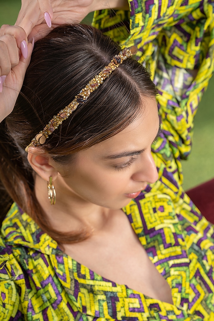 Gold Headband With Hand Embroidery by Mehak Murpana Accessories