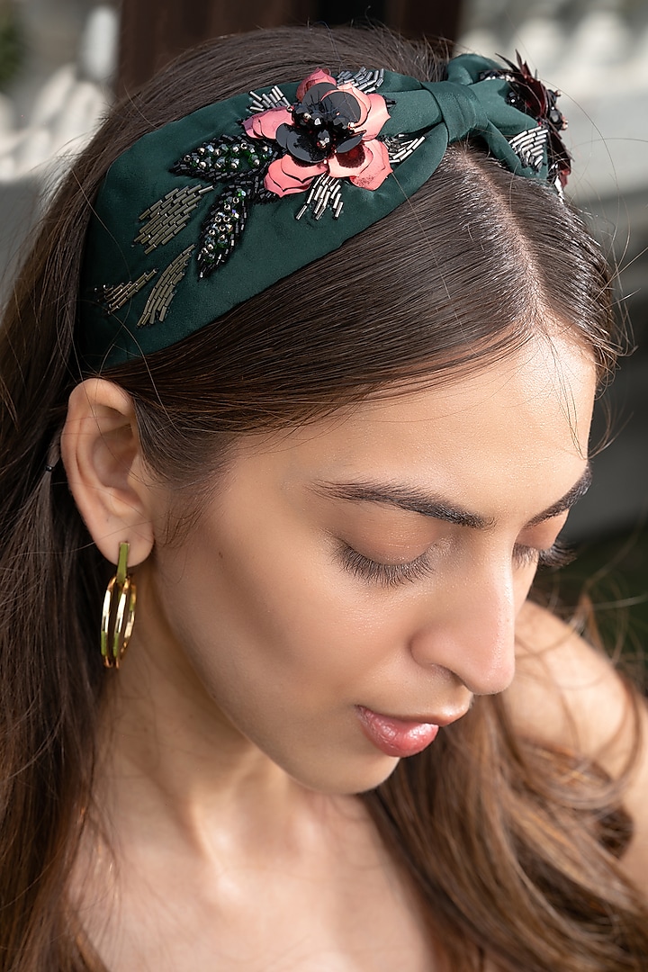Forest Green Hand Embroidered Headband by Mehak Murpana Accessories