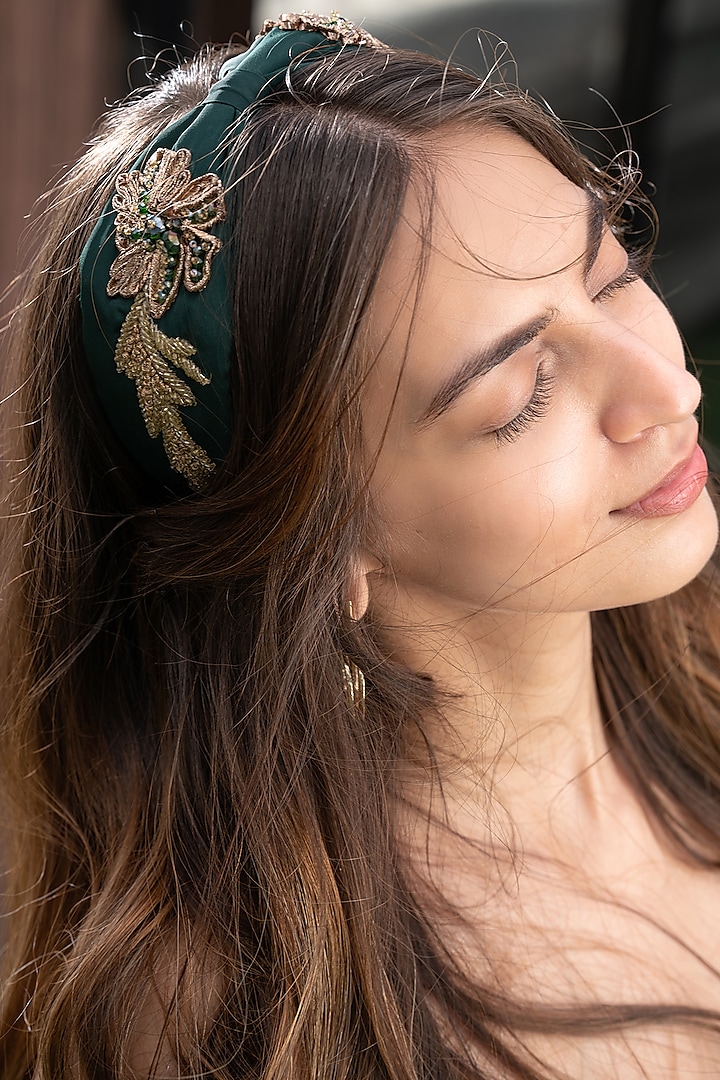 Forest Green Headband With Hand Embroidery by Mehak Murpana Accessories