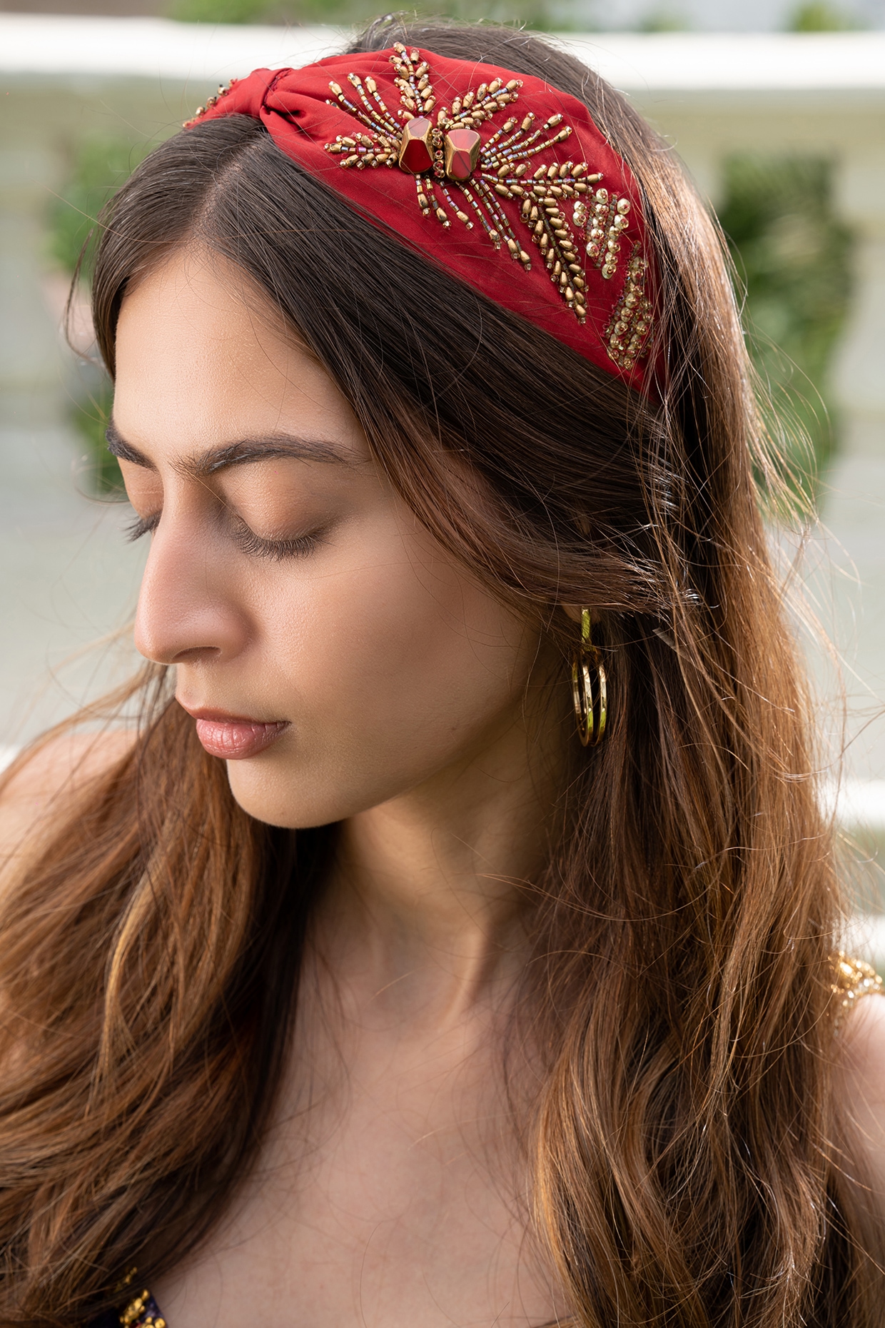 Red Hand Embroidered Headband by Mehak Murpana Accessories at