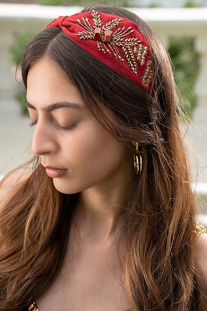 Red Hand Embroidered Headband by Mehak Murpana Accessories