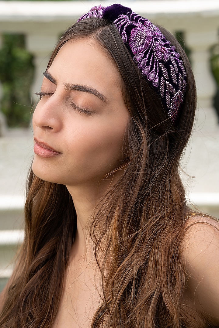 Purple Hand Embroidered Headband by Mehak Murpana Accessories