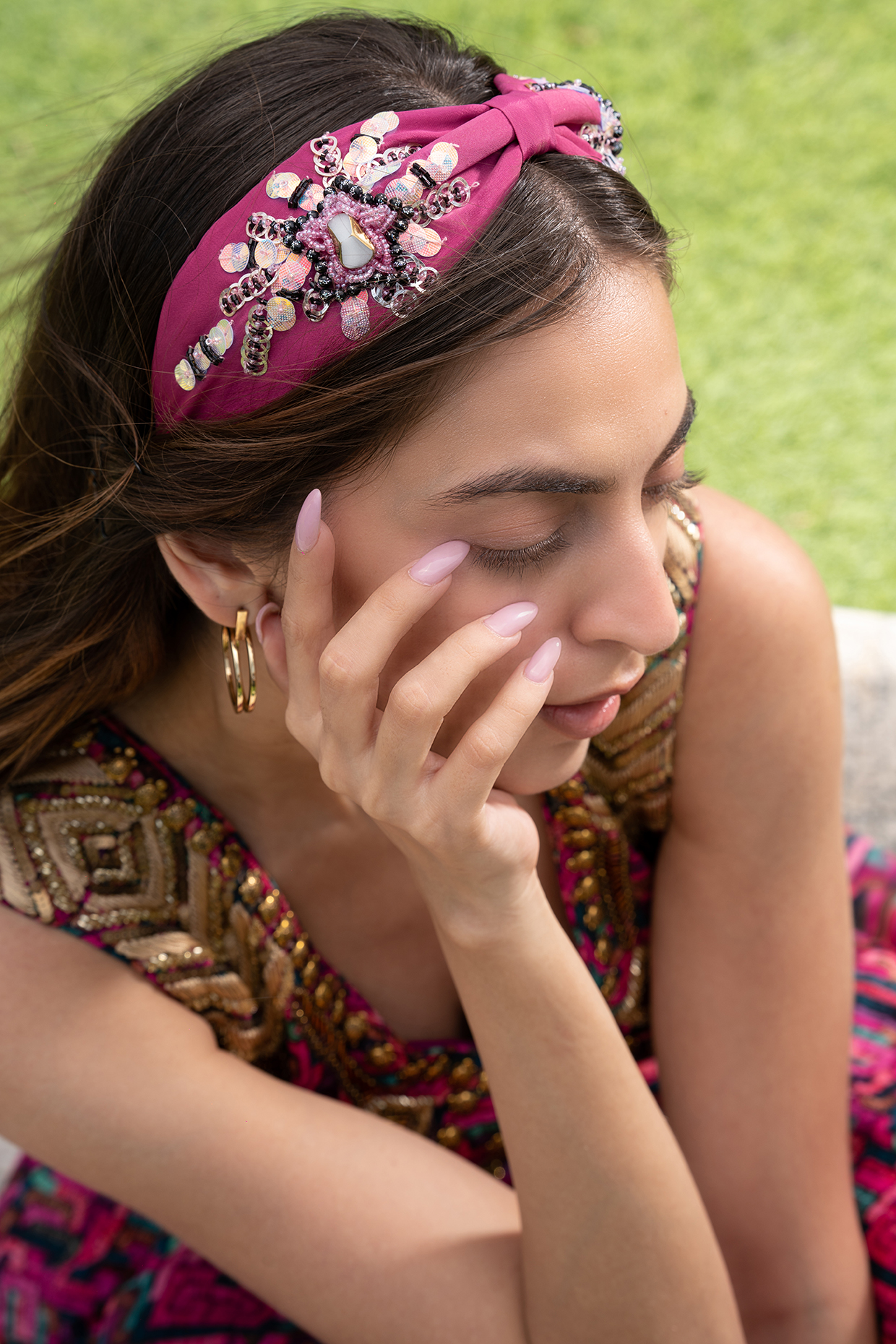 Bright Pink Hand Embroidered Headband by Mehak Murpana Accessories at Pernia's Pop Up Shop