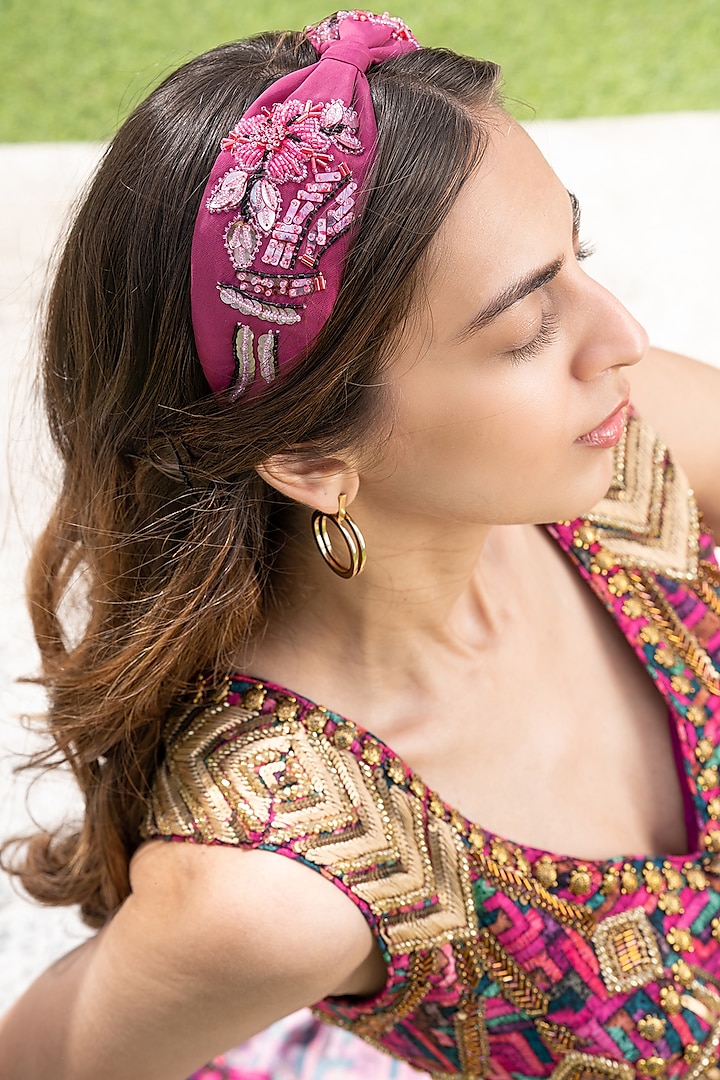 Bright Pink Headband With Hand Embroidery by Mehak Murpana Accessories