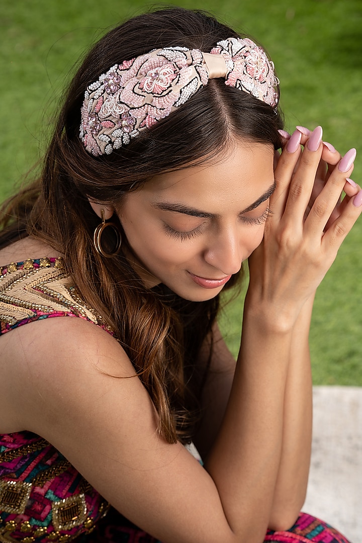 Baby Pink Hand Embroidered Headband by Mehak Murpana Accessories