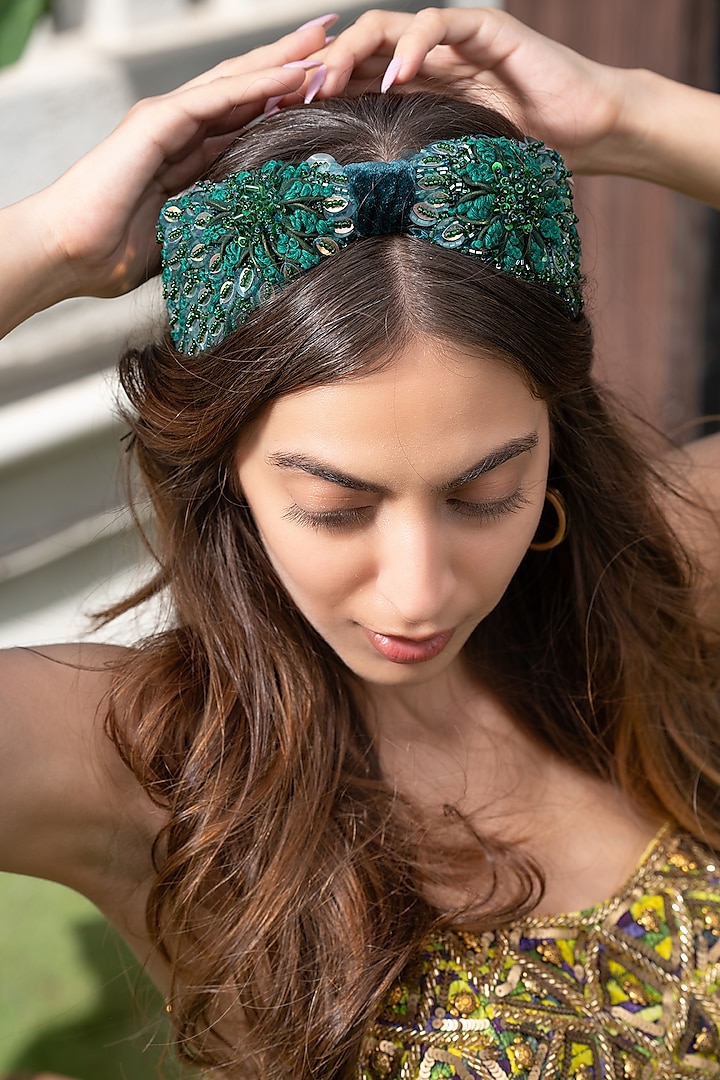 Forest Green Velvet Headband by Mehak Murpana Accessories