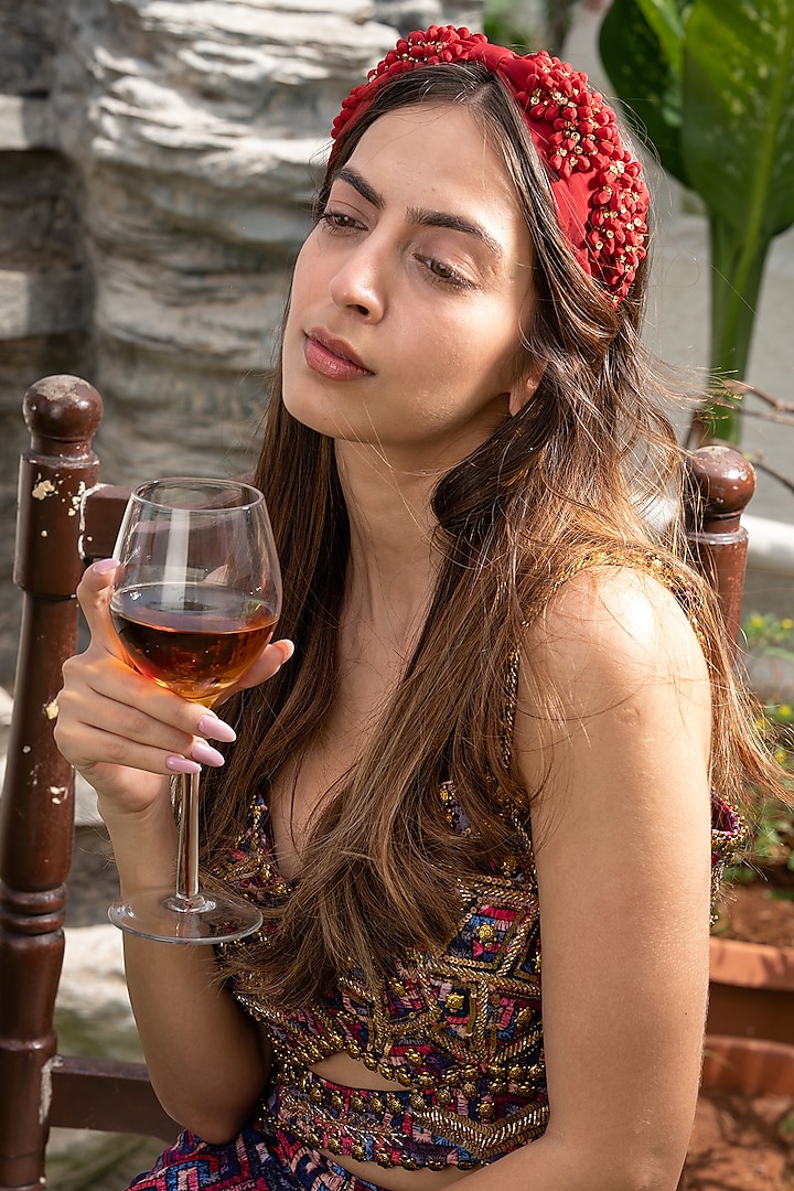 Red Headband With Hand Embroidery by Mehak Murpana Accessories at Pernia's Pop Up Shop