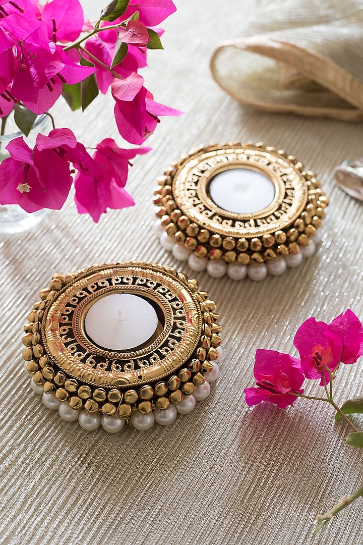Gold & White Pearl Candle Holders (Set of 6) by Chrysante By Gunjan Gupta at Pernia's Pop Up Shop