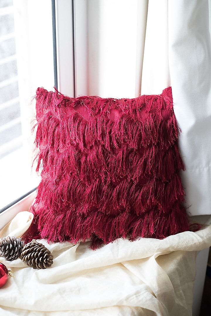 Deep Red Cushion WIth Frills by Chrysante By Gunjan Gupta