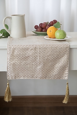 Gold Chanderi Silk Handmade Table Runner by Chrysante By Gunjan Gupta