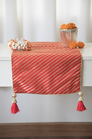 Royal Red & Gold Banarasi Brocade Silk Table Runner by Chrysante By Gunjan Gupta