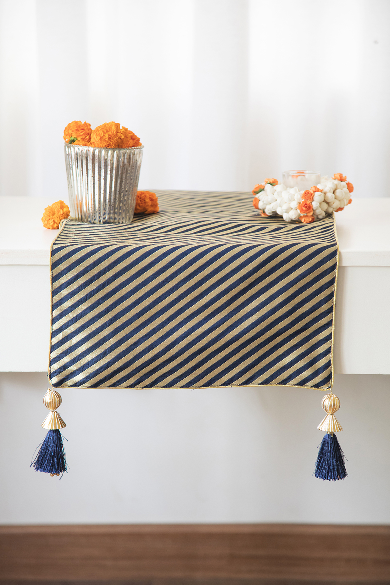 Midnight Blue & Gold Banarasi Brocade Silk Table Runner by Chrysante By Gunjan Gupta at Pernia's Pop Up Shop