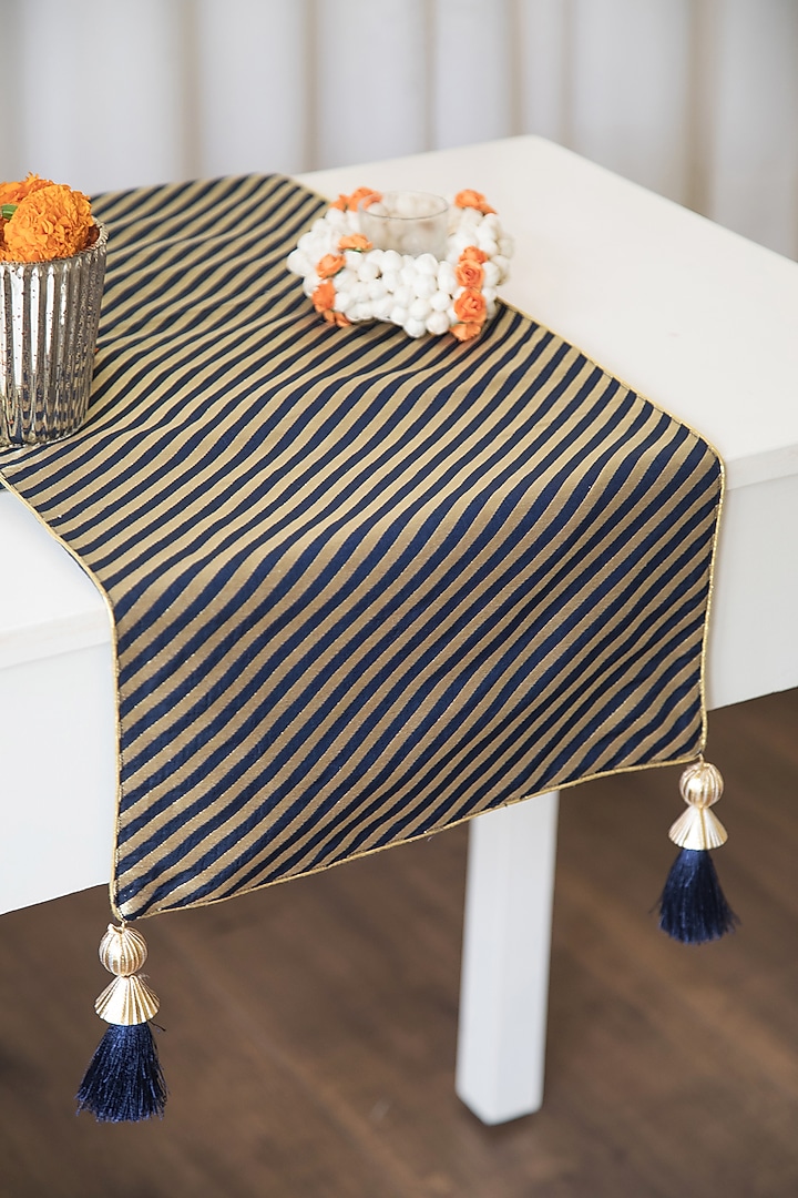 Midnight Blue & Gold Banarasi Brocade Silk Table Runner by Chrysante By Gunjan Gupta at Pernia's Pop Up Shop