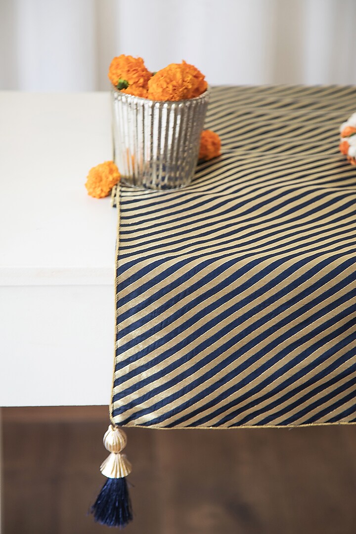 Midnight Blue & Gold Banarasi Brocade Silk Table Runner by Chrysante By Gunjan Gupta at Pernia's Pop Up Shop