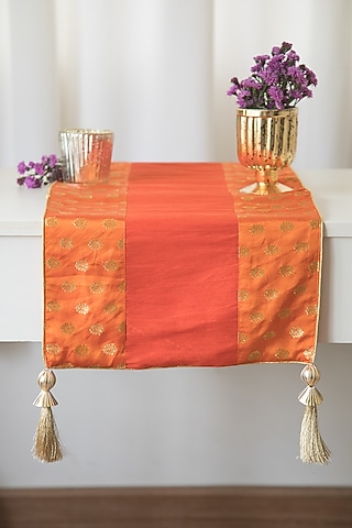Red & Orange Brocade Silk Table Runner by Chrysante By Gunjan Gupta