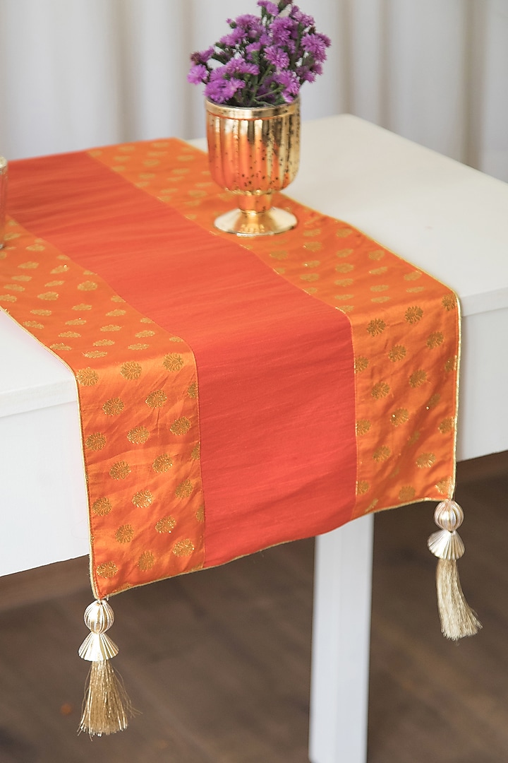 Red & Orange Brocade Silk Table Runner by Chrysante By Gunjan Gupta at Pernia's Pop Up Shop
